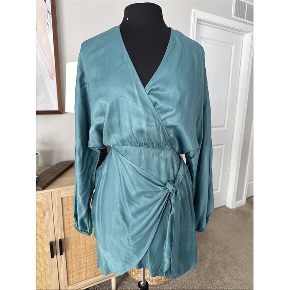 Zara Sea Green Tie Waist Satin Wrap Dress - Picture 5 of 6